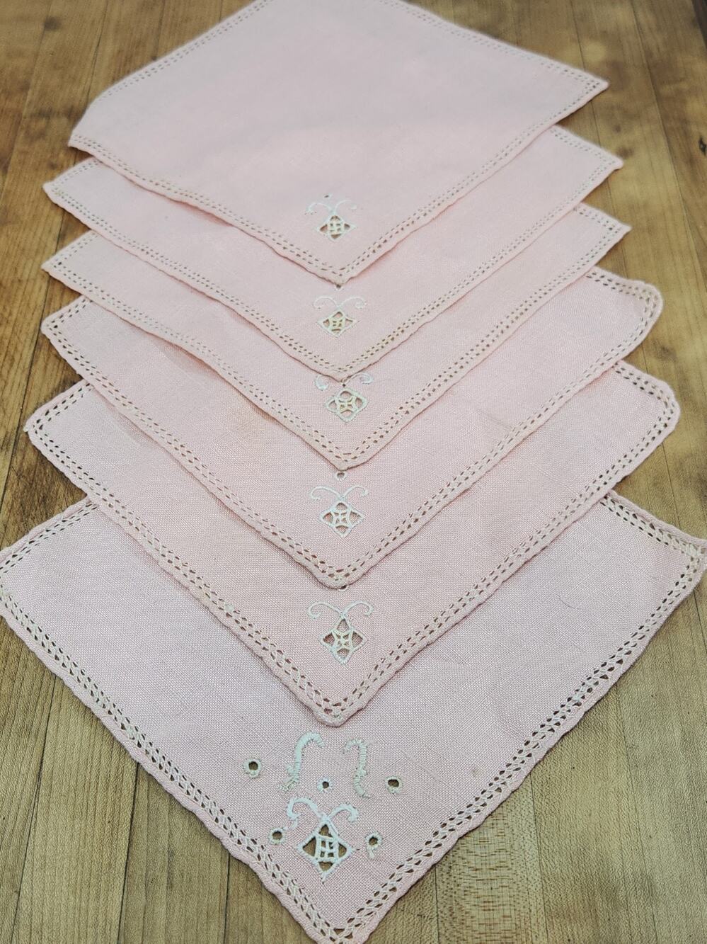 Vintage Pink Cocktail Napkins Set 6 Embroidered Cutwork Hemstitched Linen